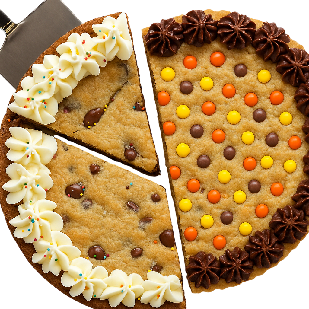 A pie divided into three decorated sections with chocolate chips and candy.