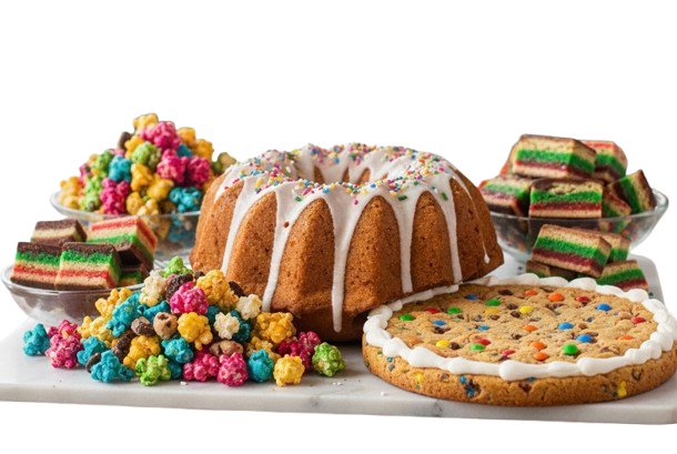 A colorful assortment of desserts including cake, popcorn, and cookies.