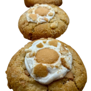 Three cookies decorated with frosting and candy to resemble fried eggs.