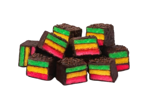 Colorful layered rainbow brownies arranged in a pile.