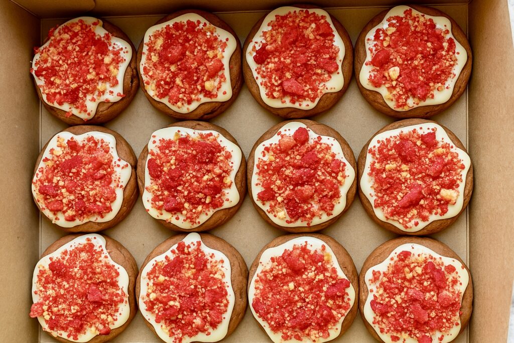 Rows of freshly baked pastries topped with crushed red fruit.